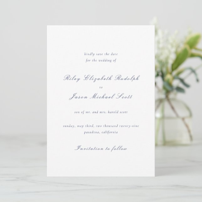 Clean Navy Blue Elegant Wedding Save The Date (Standing Front)