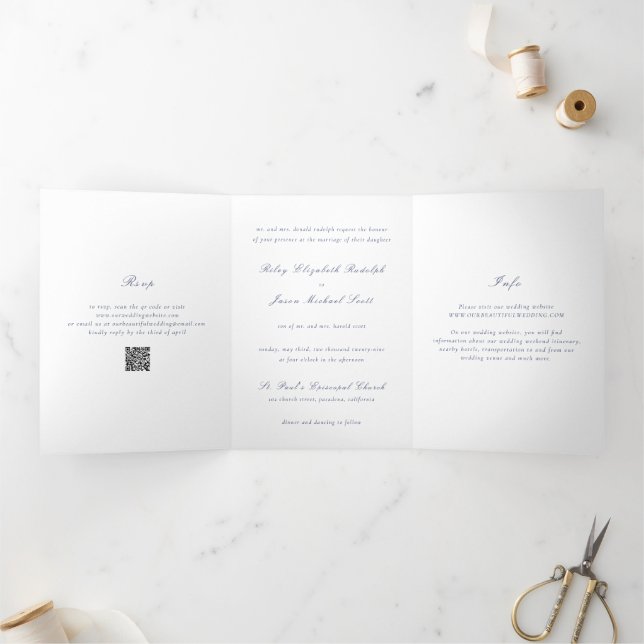 Clean Navy Blue QR Code Elegant Wedding Tri-Fold Invitation (Inside)