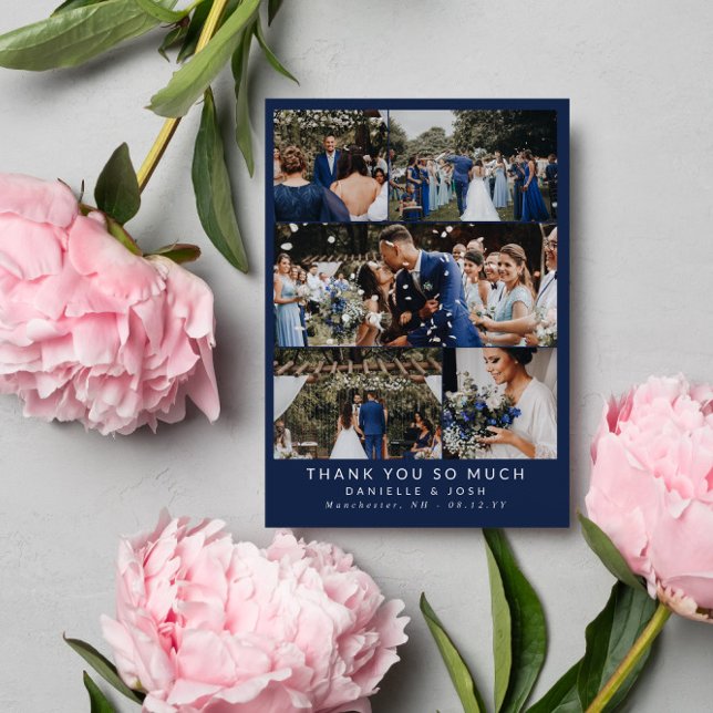 Clean Navy Blue Wedding Photo Collage Thank You Card (Creator Uploaded)