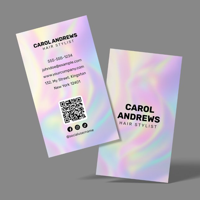 Clean Pastel Holographic Hair Salon QR code Business Card (Creator Uploaded)