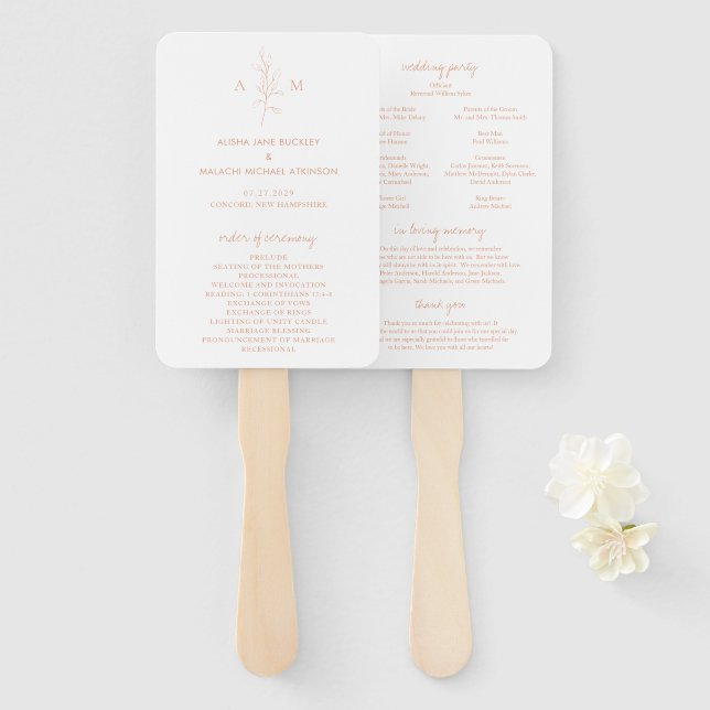 Clean Peach Botanical Elegant Wedding Program Hand Fan (Front and Back)