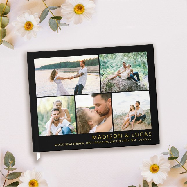 Clean Photo Collage & Gold Letters Black Wedding Guest Book (Creator Uploaded)