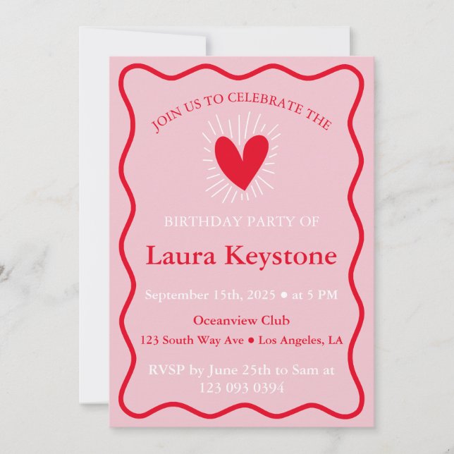 Clean Pink & Red Wavy Birthday Invitation (Front)