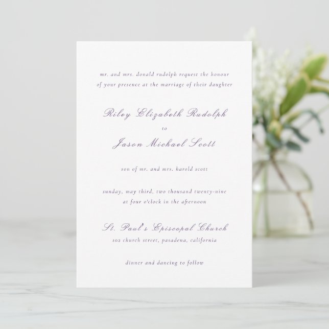Clean Purple Elegant Wedding Invitation (Standing Front)