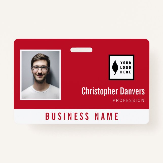 Clean Red Add Your Logo Office Employee ID Badge (Front)