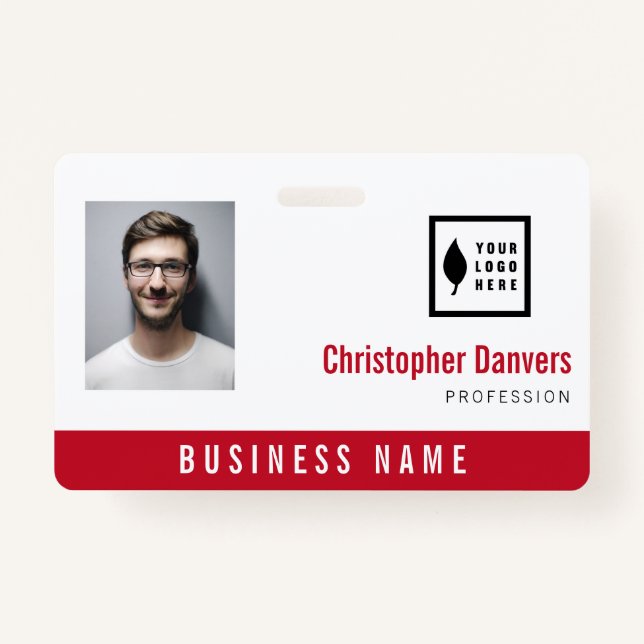 Clean Red White Add Your Logo Office Employee ID Badge (Front)