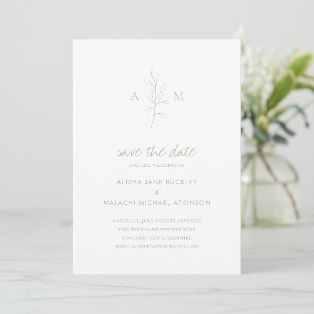 Clean Sage Green Botanical Photo Elegant Wedding Save The Date (Standing Front)