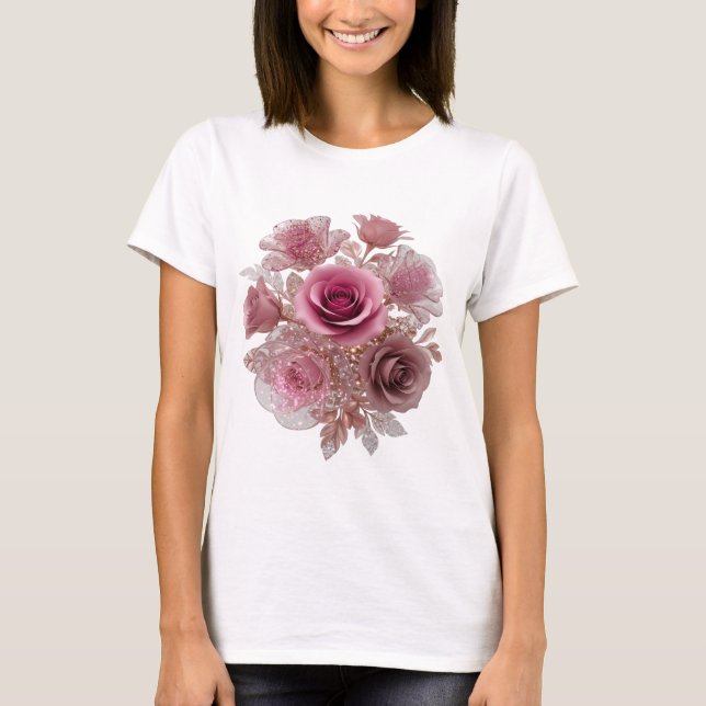 Clean Silver ROSE BUNCH 3D Text Art T-Shirt (Front)
