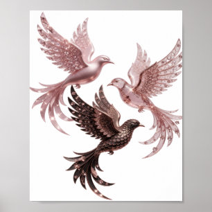 Clean Silver THREE ROSE GOLD BIRDS Poster