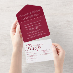 Clean simple Burgundy white wedding All In One Invitation