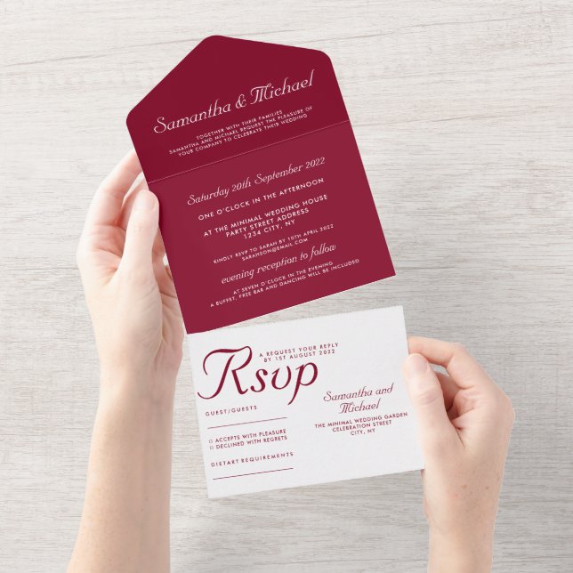 Clean simple Burgundy white wedding All In One Invitation (Tearaway)