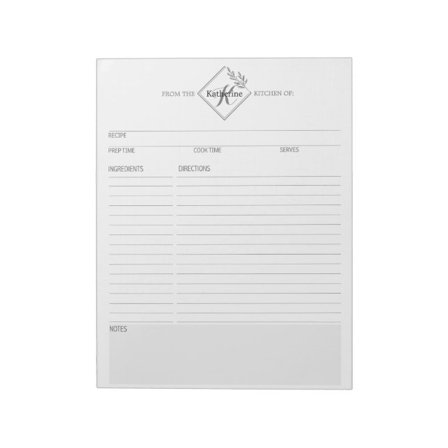 Clean + Simple Monogram Recipe III Pages Notepad (Rotated)
