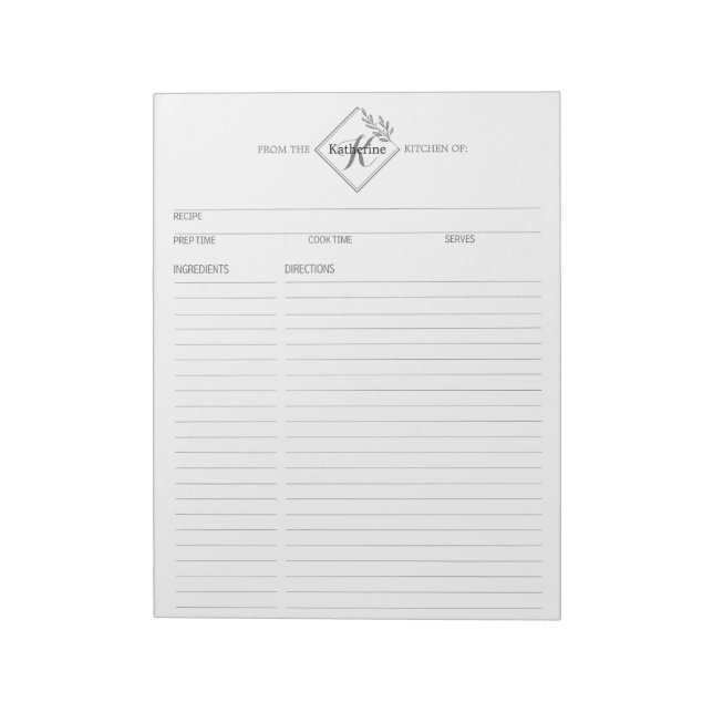 Clean + Simple Monogram Recipe Pages Notepad I (Rotated)
