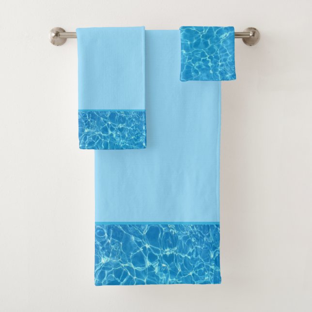 Clean sparkly swimming pool turquoise blue water bath towel set (Insitu)