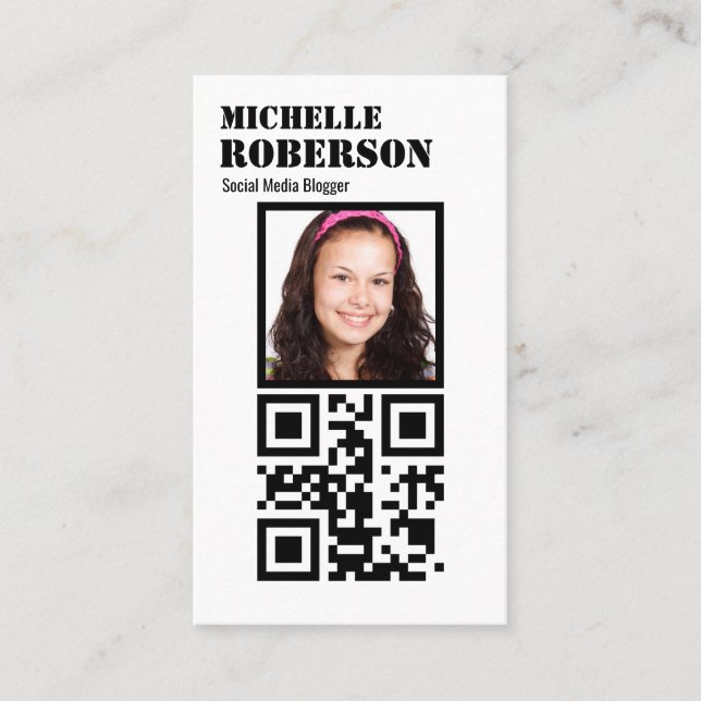 Clean vertical white qr code and photo business card (Front)