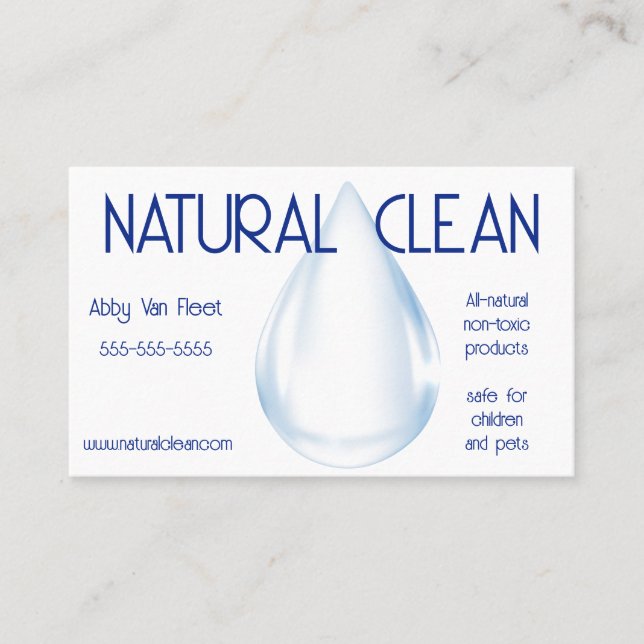 Clean Water Drop White Background Cleaning Service Business Card (Front)