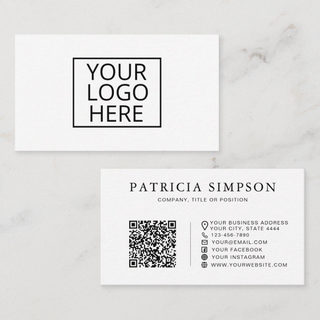 Clean White Black Logo QR Code Corporate Minimal Business Card (Front/Back)