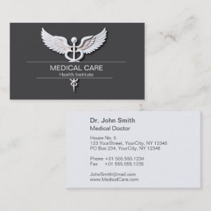 Clean White Detailed Caduceus Anthracite Medical Business Card
