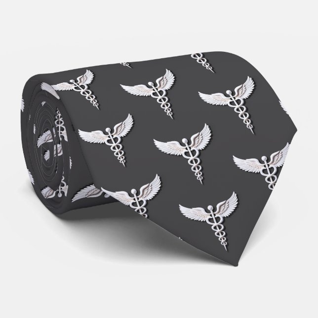 Clean White Detailed Caduceus Medical Anthracite Tie (Rolled)