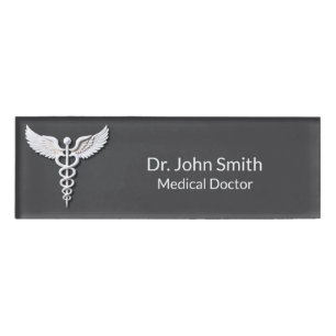 Clean White Detailed Caduceus Warm Grey Medical Name Tag