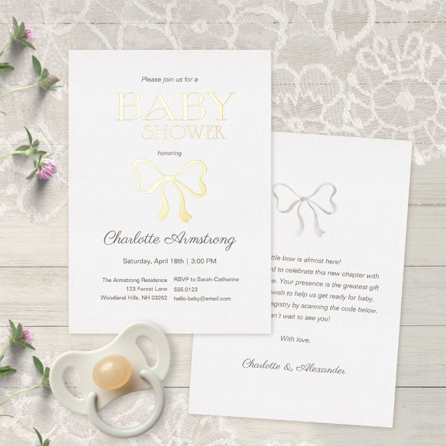 Clean White Elegant Bow Baby Shower (Clean White Elegant Bow Baby Shower Foil Invitation ©Susanne Sachers - Sunny Mind 🌞)