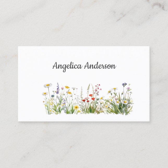 Clean white Feminine Watercolor Wildflowers Meadow Business Card (Front)