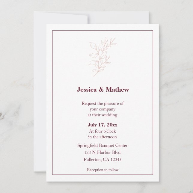 Clean White & Pink Simple Leaf | Modern Wedding Invitation (Front)