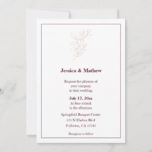 Clean White & Pink Simple Leaf   Modern Wedding Invitation