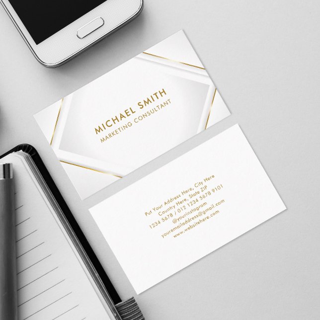 Clean White | Square Frame Gold Lines Business Card (Creator Uploaded)