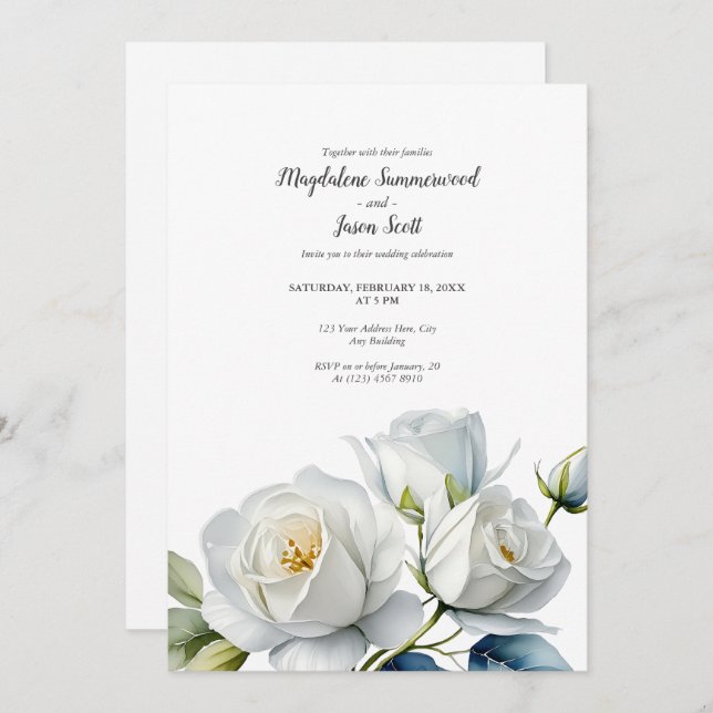 Clean White | Watercolor White Roses Wedding Invitation (Front/Back)