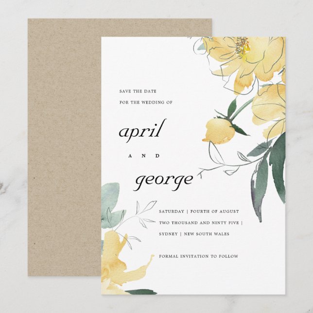 CLEAN YELLOW GREEN FLORAL SAVE THE DATE CARD (Front/Back)