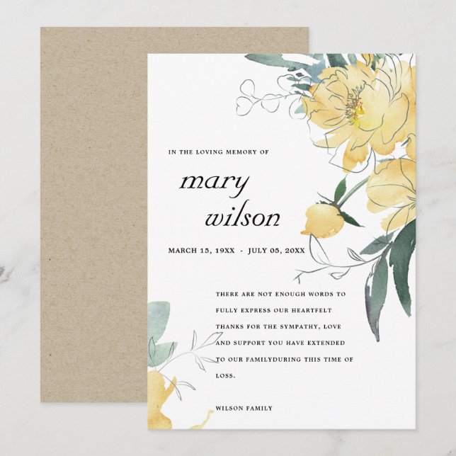 CLEAN YELLOW GREEN FLORAL SYMPATHY MEMORIAL THANK YOU CARD (Front/Back)