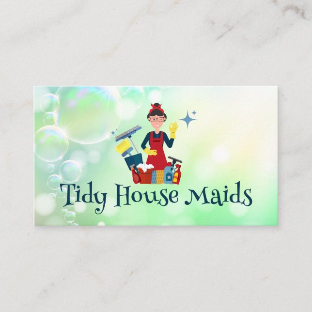 Cleaner Lady with Cleaning Supplies | Soap Bubbles Business Card (Front)