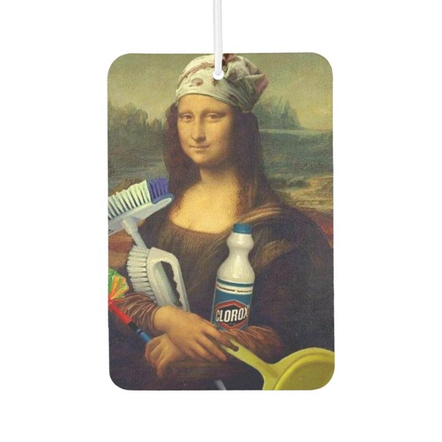 Cleaner Mona Lisa holding cleaning tools Da Vinci  Car Air Freshener (Front)