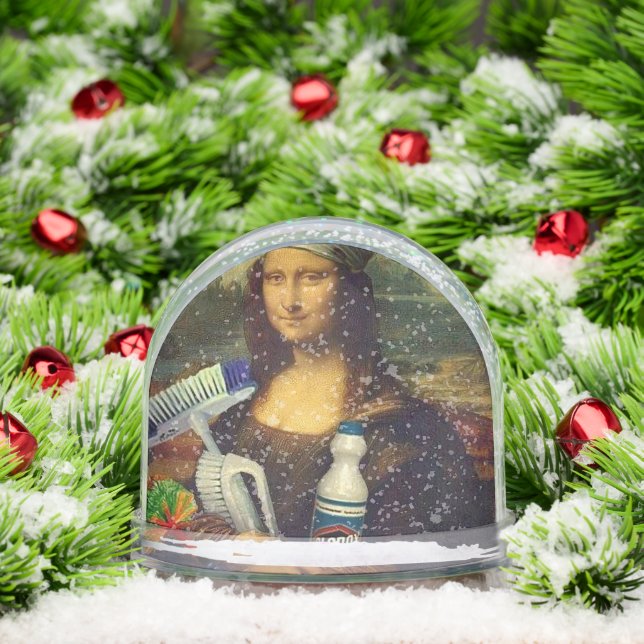Cleaner Mona Lisa holding cleaning tools Da Vinci  Snowglobe (Christmas)