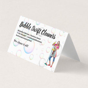 Cleaner with Broom Smiling   Bubbles Business Card