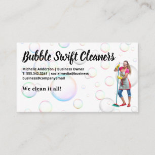 Cleaner with Broom Smiling   Bubbles Business Card