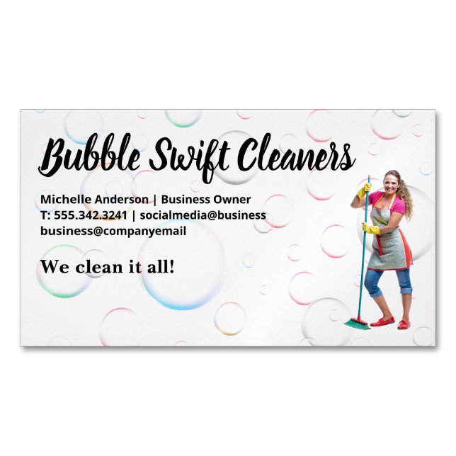 Cleaner with Broom Smiling | Bubbles Magnetic Business Card (Front)