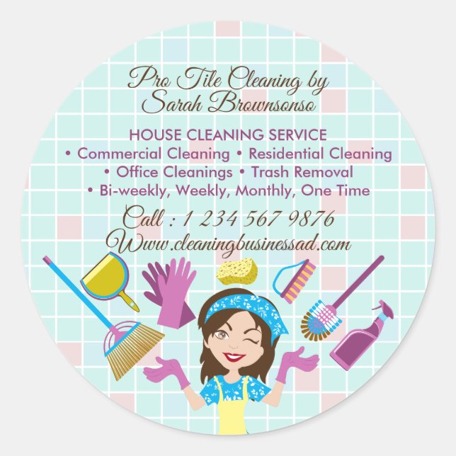 Cleaning business Advertising Maid Janitorial Lady Classic Round Sticker (Front)