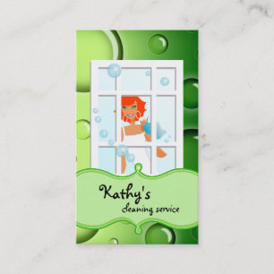 Cleaning Business Card Green Bubbles Red Hair
