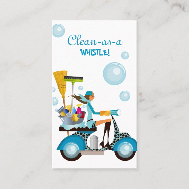 Cleaning Business Card Scooter Girl Blue White (Front)