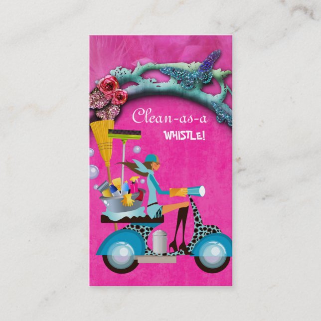 Cleaning Business Card Scooter Girl Pink Garden (Front)
