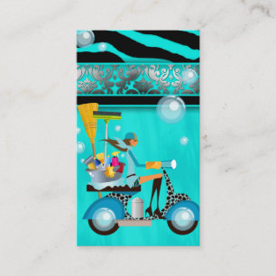 Cleaning Business Card Scooter Girl Silver Damask