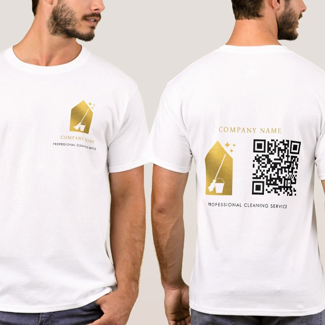 Cleaning Cleaner Service Gold Logo QR Code White T-Shirt (Cleaning Cleaner Service Gold Logo QR Code White T-Shirt)
