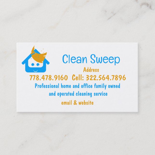 Cleaning Company Clean Sweep Cute House Broom Business Card (Front)