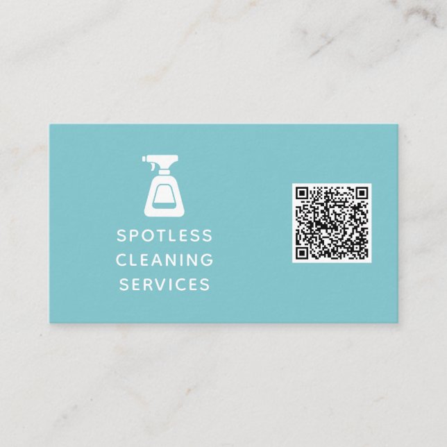 Cleaning Company QR Code Spray Bottle Aqua Blue Business Card (Front)