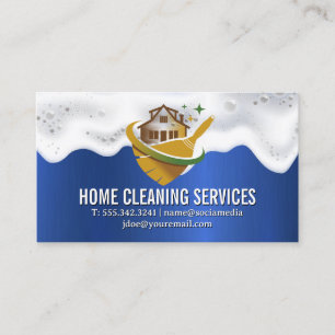 Cleaning Home Broom Logo Blue Metal Style Business Card