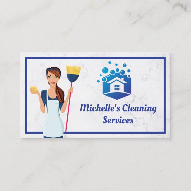 Cleaning Home Service | Maid with Broom Business Card (Front)