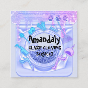 Cleaning House Office Service QRCode Soap Blue Square Business Card