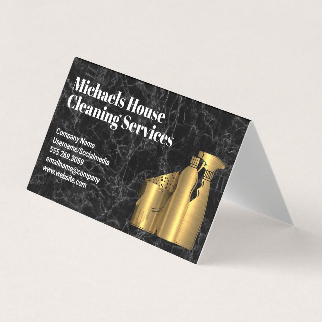 Cleaning House Tools | Golden | Black Marble Business Card (Front)